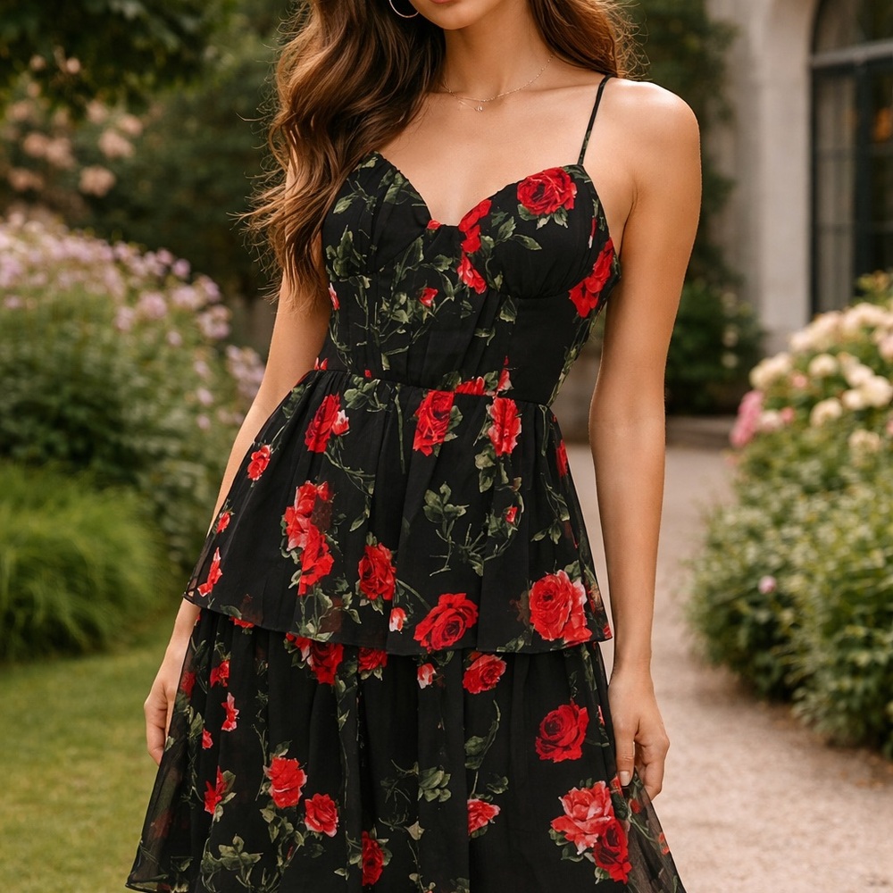 Floral Black and Red Dress